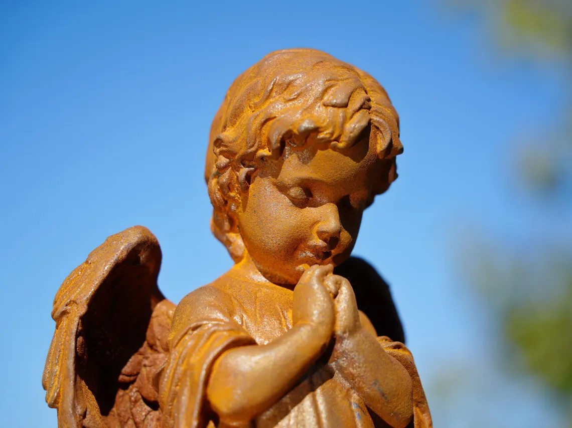 Metal Cast Iron Praying Angel Statue Rustic Religious Decor Spiritual Gift Idea