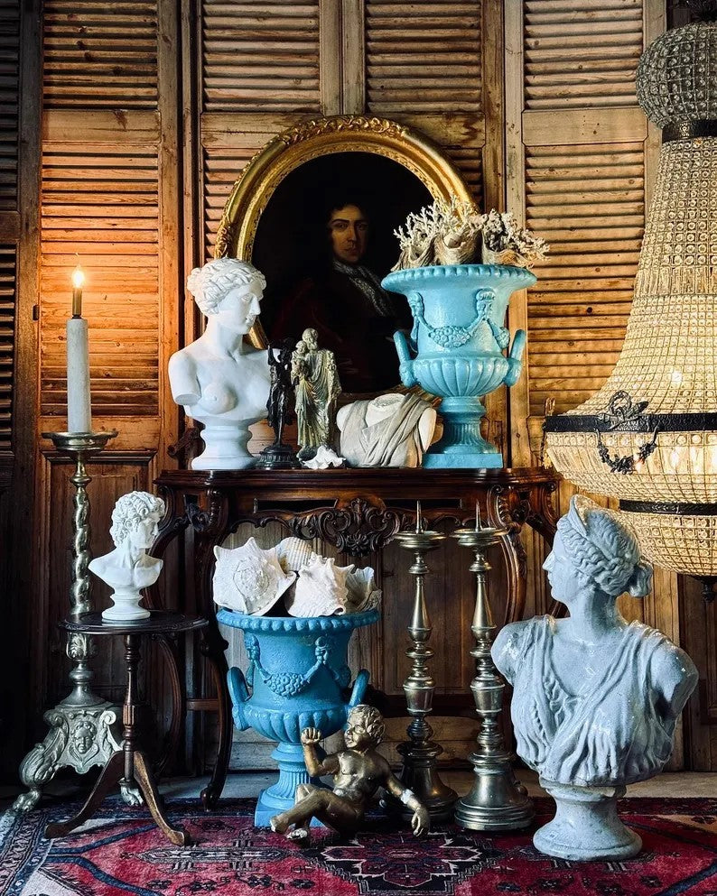 22"H Vintage Blue Cast Iron Urn Planter with Handles - Antique Style Flower Pot