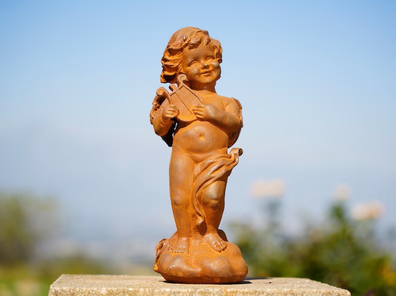 Metal Cast Iron Cherub Angel Statues – Musical Garden Sculptures Playing Violin
