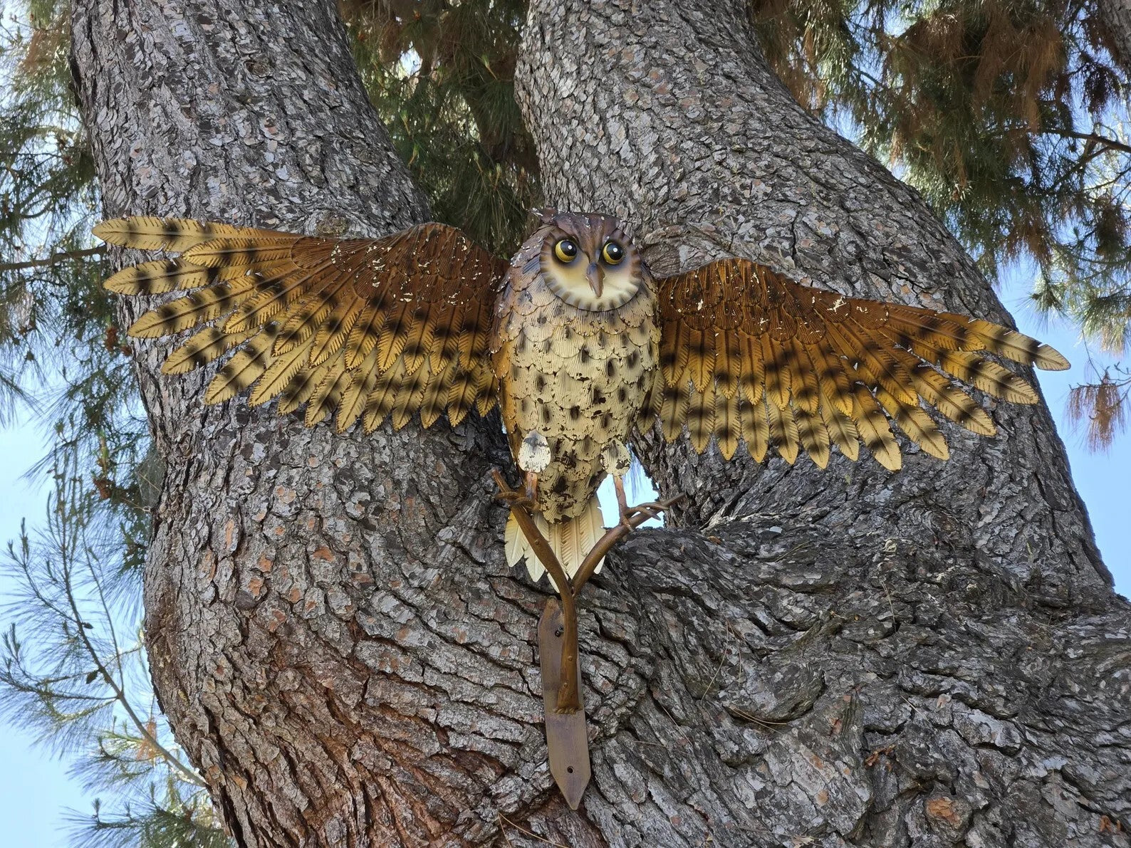 Handcrafted Metal Owl Garden Sculpture with Outstretched Wings - Rustic Yard Art