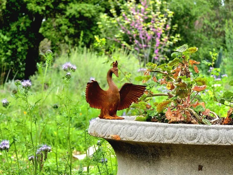 Metal Crowned Goose Cast Iron Sculpture Spreading Wings Garden Statue Whimsical