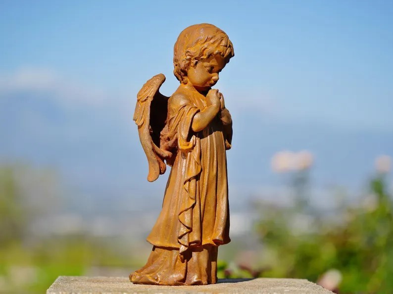 Metal Cast Iron Praying Angel Statue Rustic Religious Decor Spiritual Gift Idea