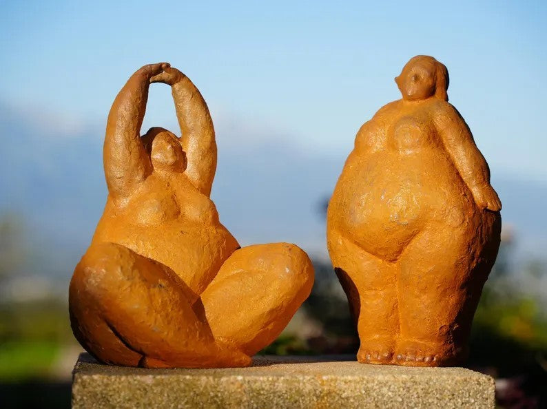 Metal Curvy Woman Cast Iron Sculpture Body Positivity Stretching Pose Home Art