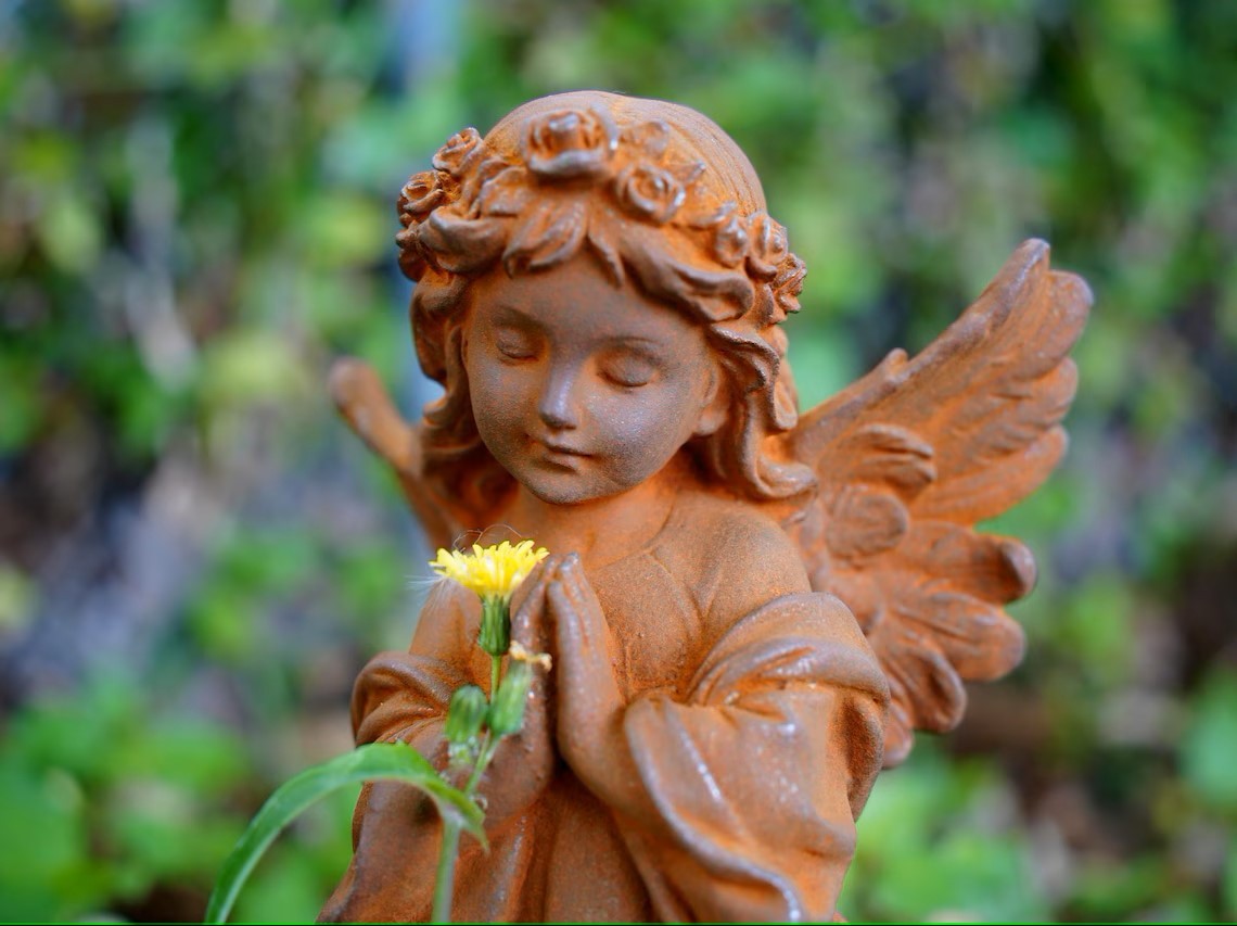 Metal Angel Praying Statue Cast Iron Garden Sculpture, Rustic Religious Decor