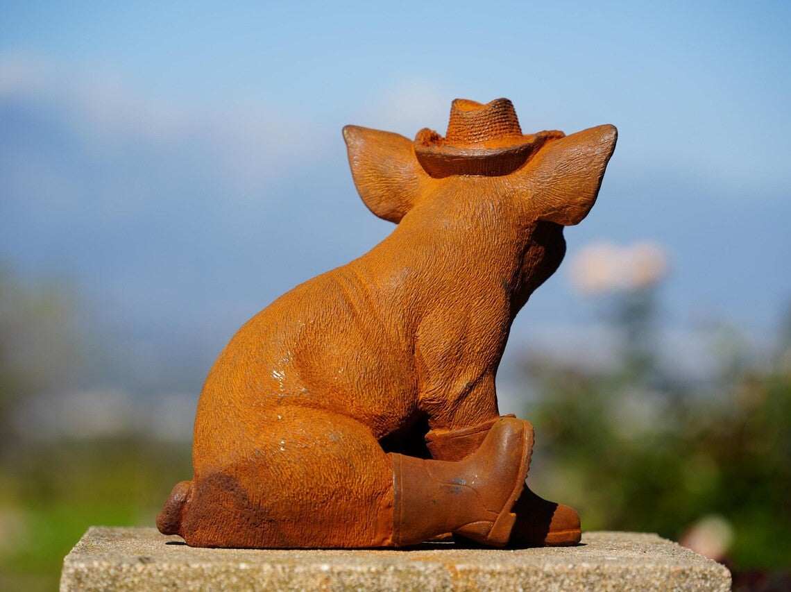 Cowboy Pig Duo with Rain Boots and Straw Hats, Whimsical Garden Animal Pig Decor