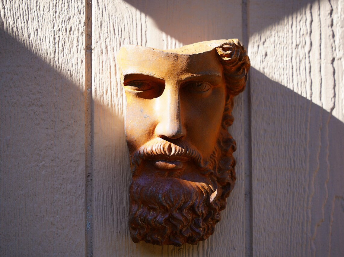 Metal Rustic Bearded Male Face Wall Sculpture Ancient Roman Cast Iron Art