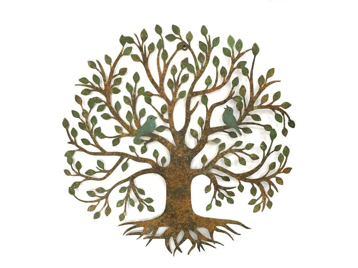 22" Rustic Tree of Life Metal Wall Art Hand-Painted Garden Decor with Blue Bird