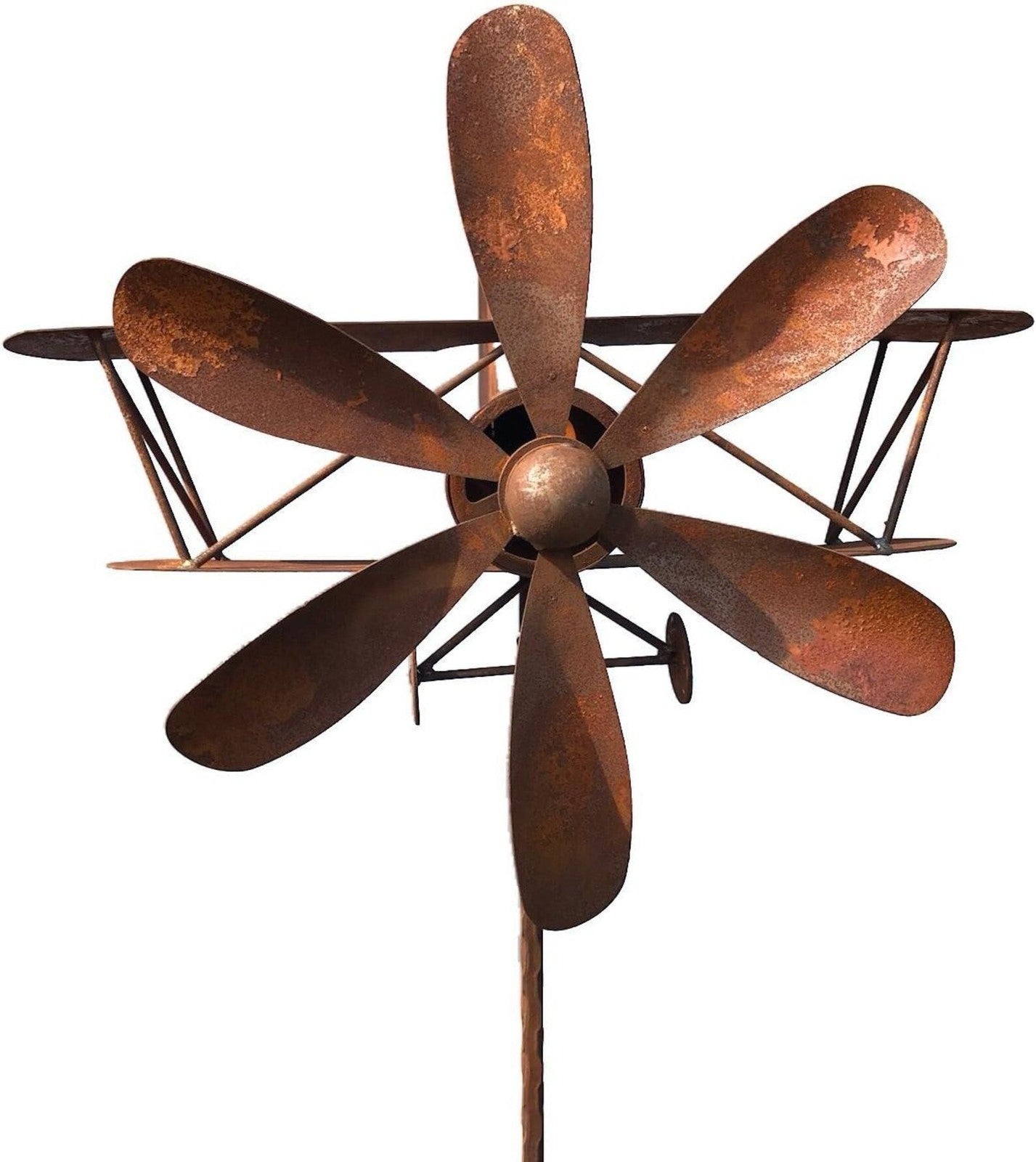 Rusty Metal Biplane Wind Spinner – Vintage Airplane Garden Art Sculpture