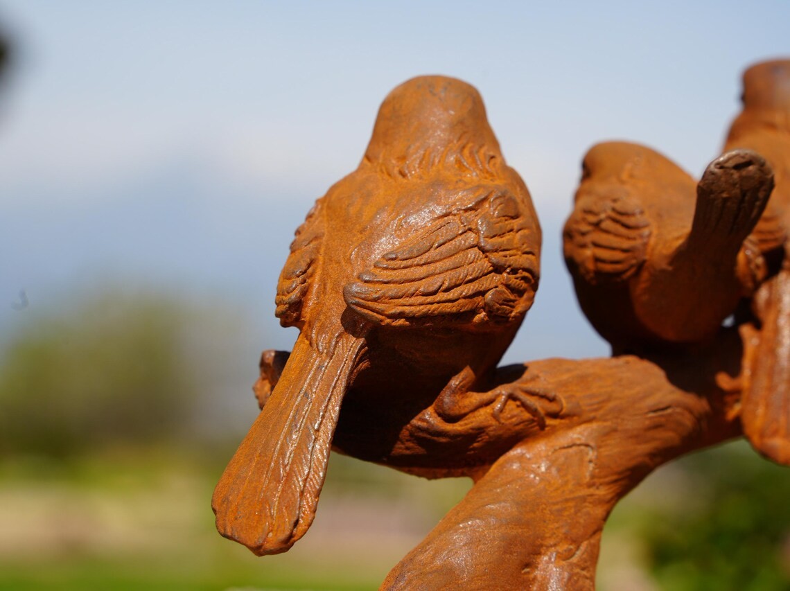 Cast Iron Bird Sculpture: Rustic Handcrafted Garden Decor charming sculpture