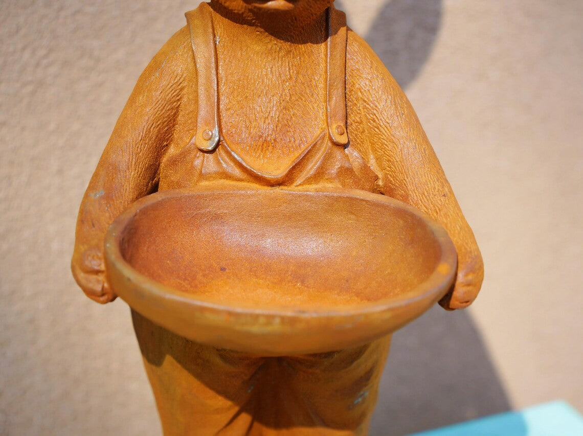 Cast iron Spring Bunny Bird Feeder Statue | Rustic Cast Iron Rabbit in Overalls