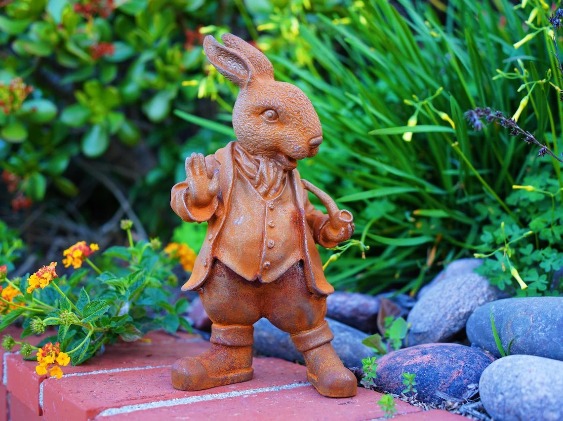 Metal Cast Iron Rabbit Statue - Rustic Bunny Garden Decor - Heavy Metal Porch