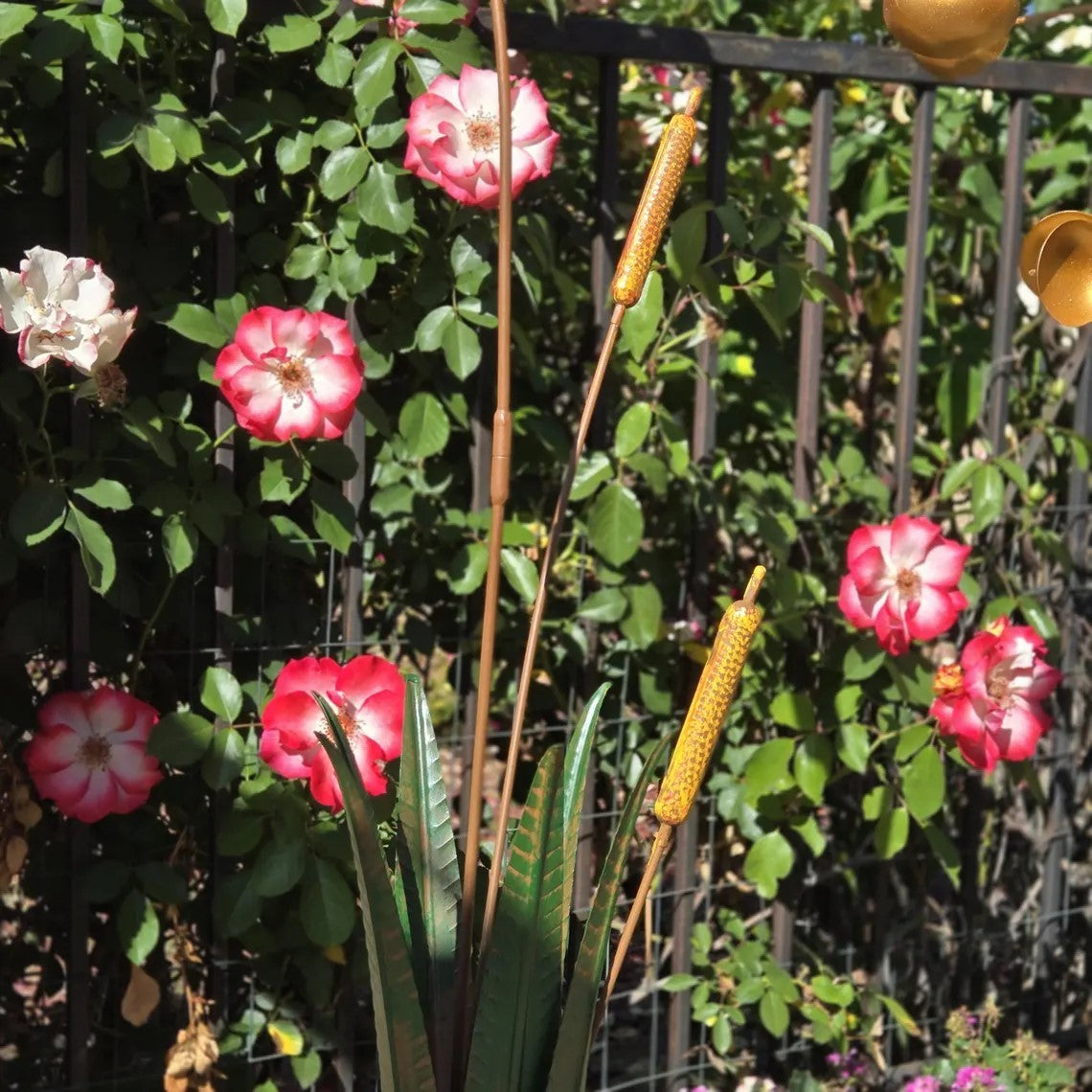 Handcrafted Metal Kingfisher Garden Sculpture 41" Tall Bird on Cattail Artist