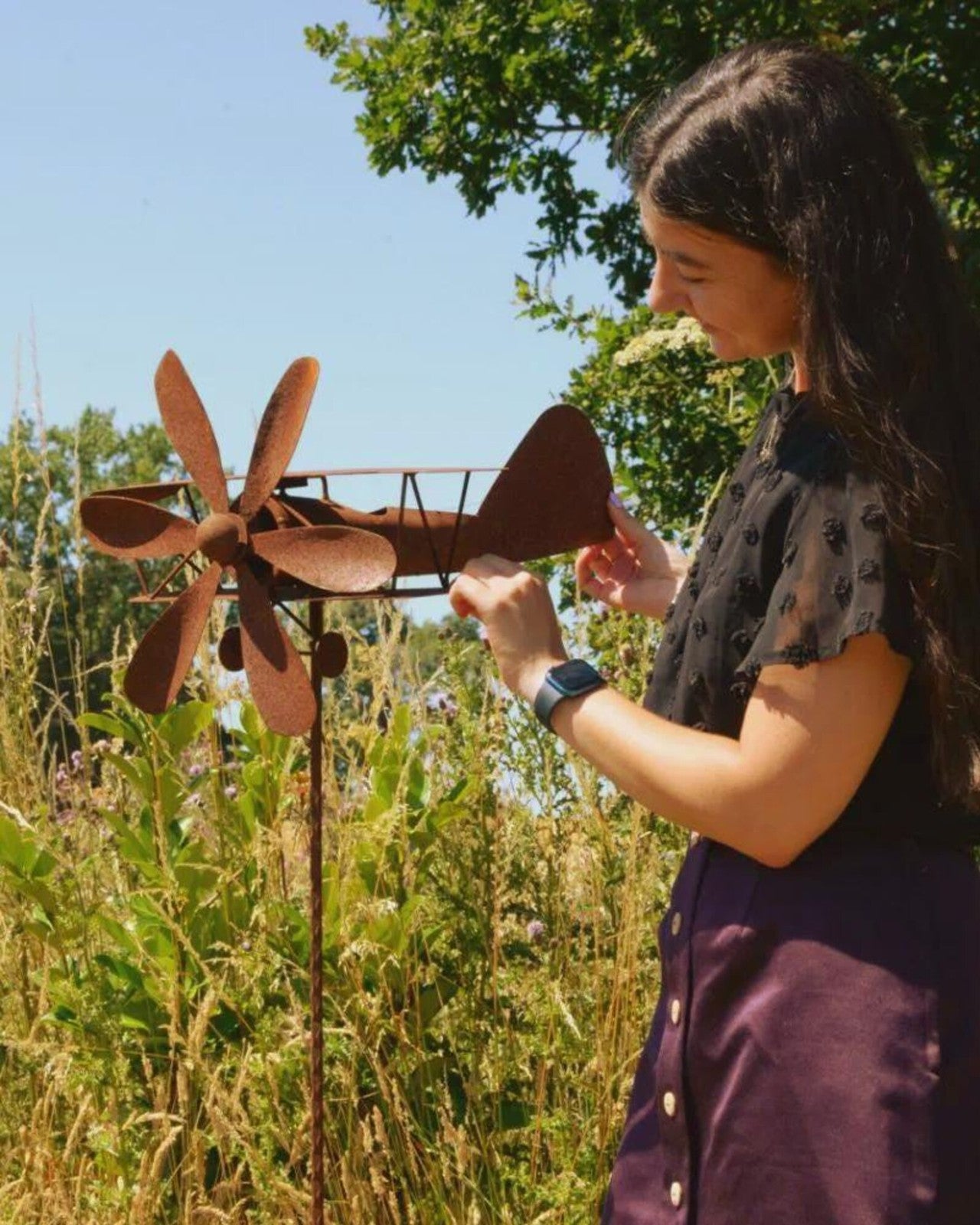 Rusty Metal Biplane Wind Spinner – Vintage Airplane Garden Art Sculpture