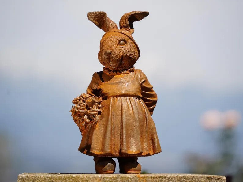 Vintage Cast Iron Bunny Statue Metal Garden Decor, Cottagecore Outdoor Animal