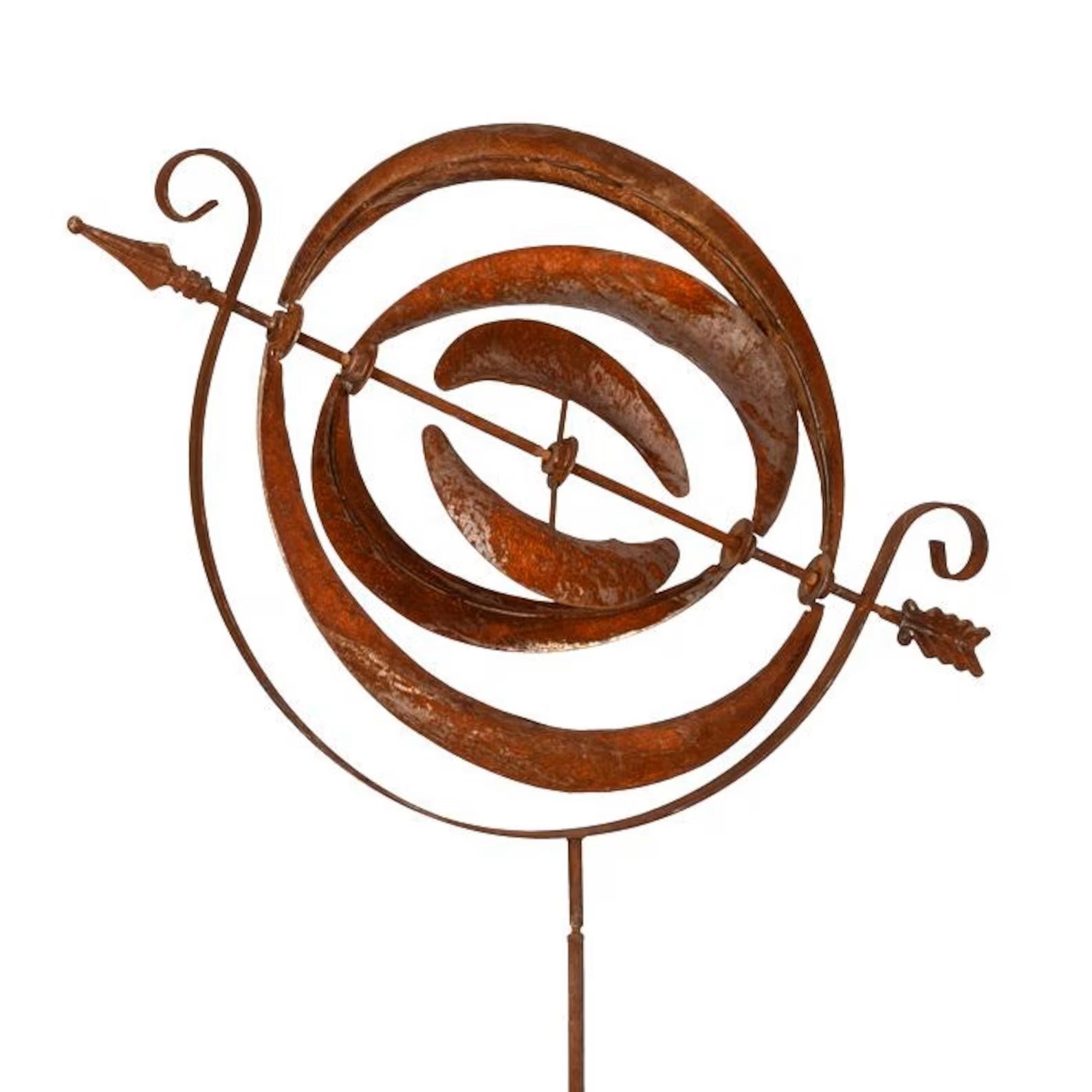 Rusty Armillary Sphere Wind Spinner — Metal Garden Ornament