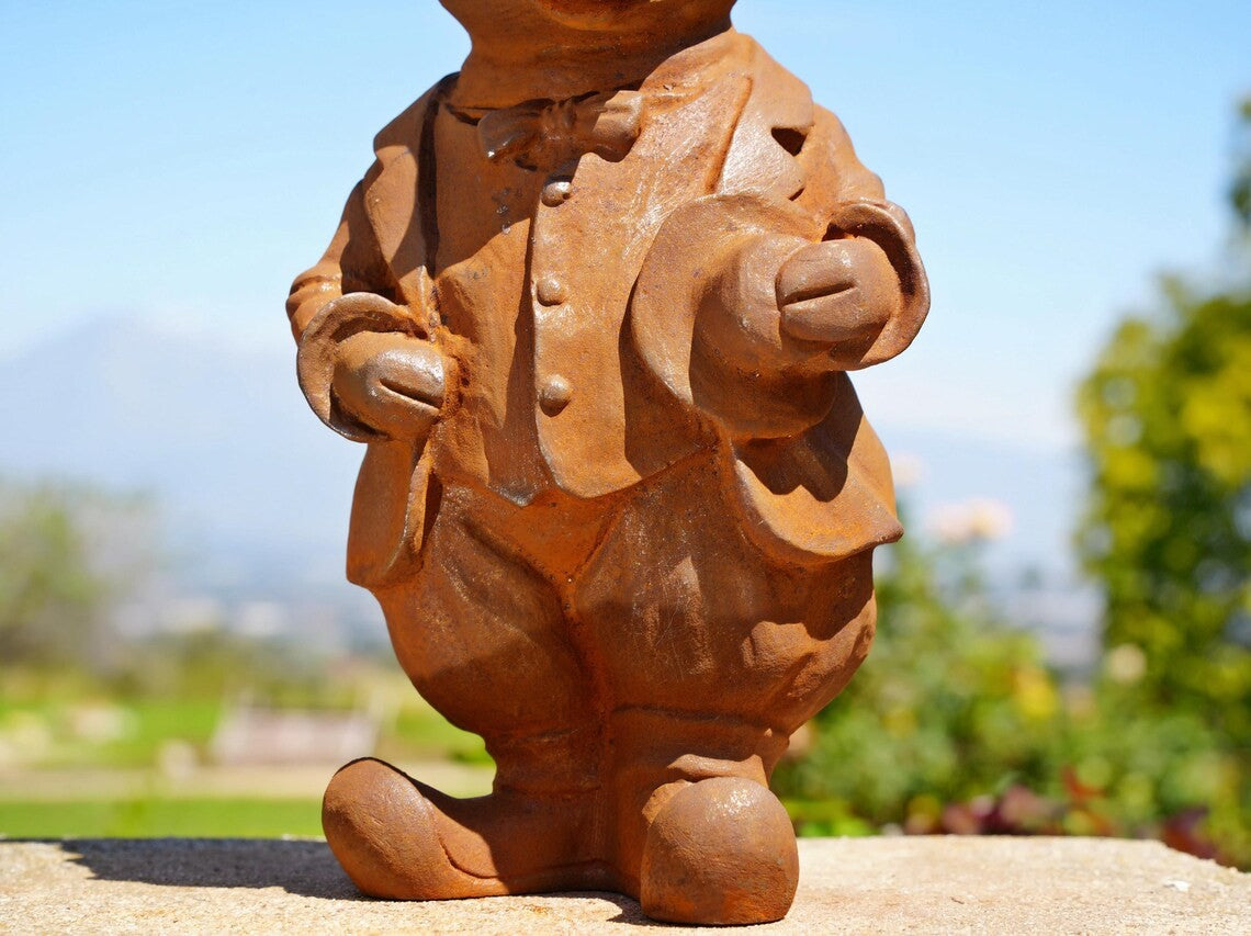 Cast Iron Pig Gentleman Statue – Dressed Animal Garden Sculpture, Whimsical Rust