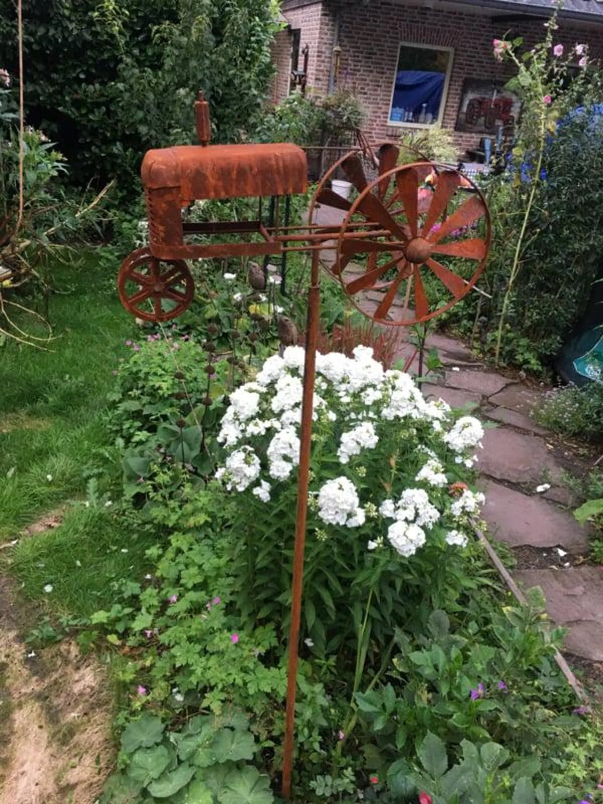 Rusty Metal Tractor Wind Spinner Garden Ornament – Vintage Farm Style Windmill