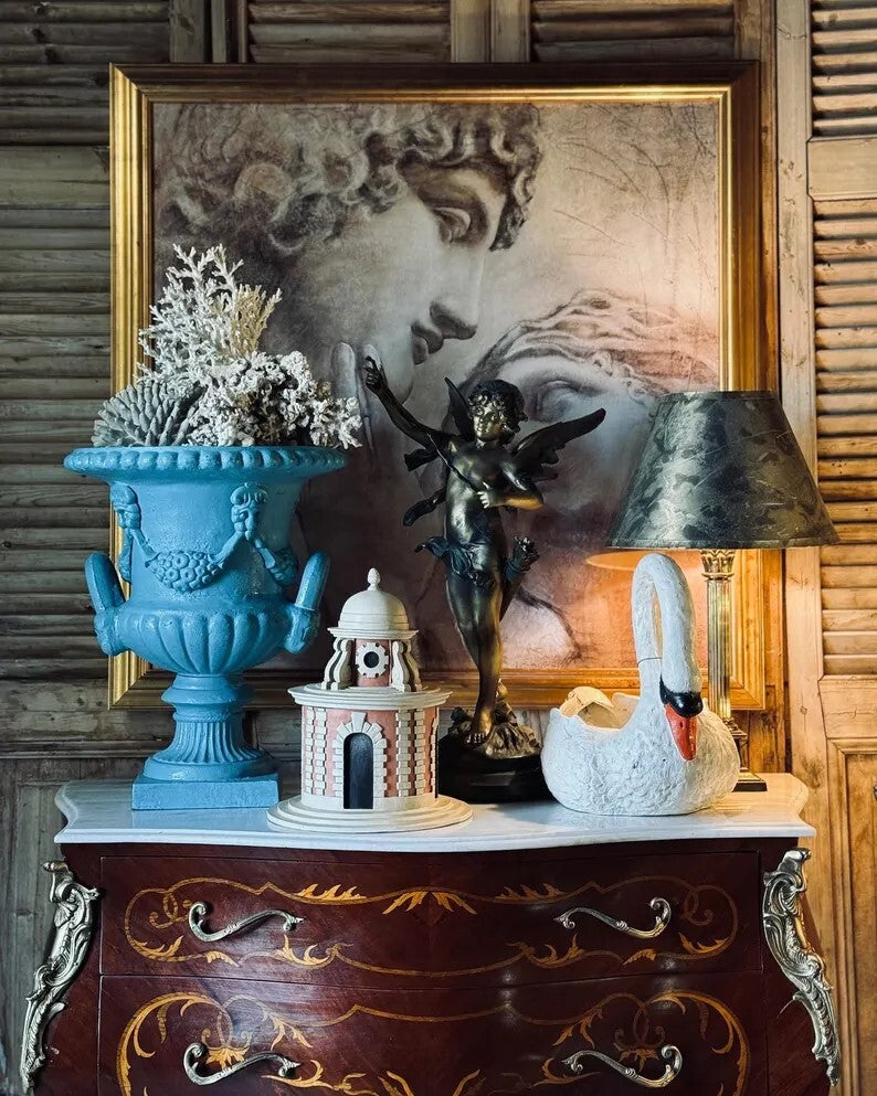 22"H Vintage Blue Cast Iron Urn Planter with Handles - Antique Style Flower Pot