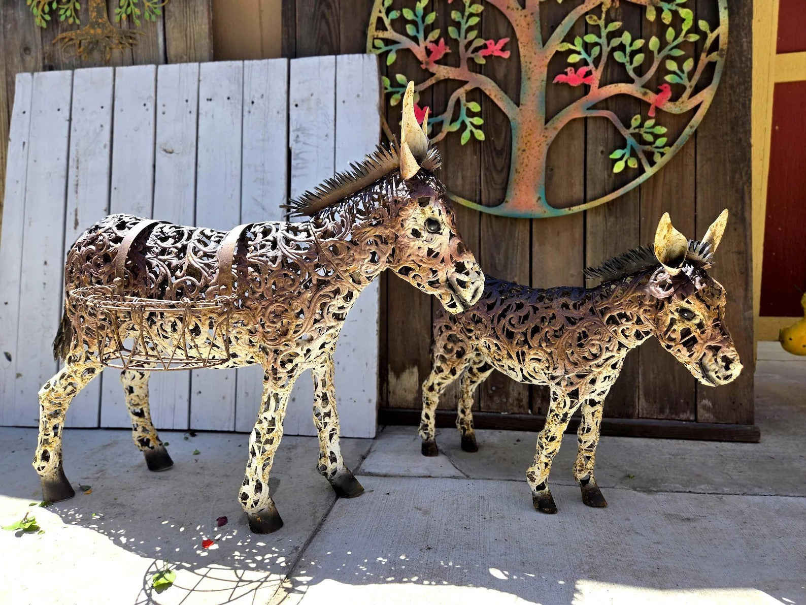 Cute Metal Donkey Statue Filigree Style Large Art Sculpture Rustic Lawn Animal