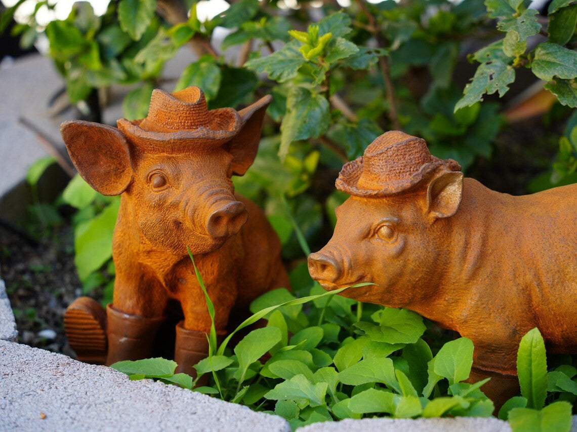 Cowboy Pig Duo with Rain Boots and Straw Hats, Whimsical Garden Animal Pig Decor