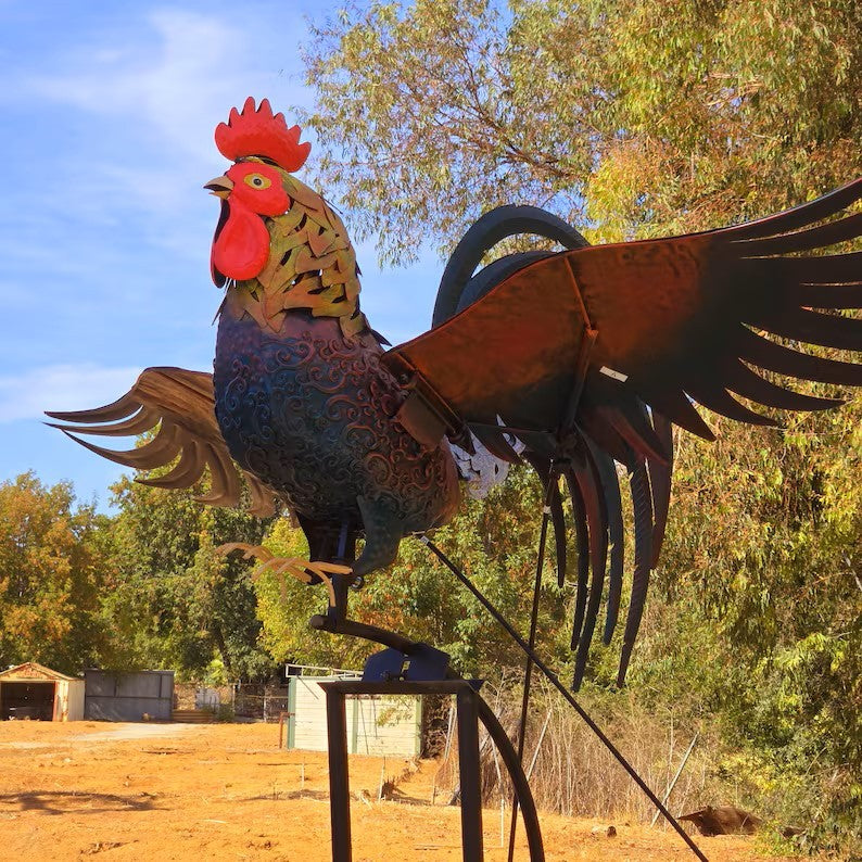 Giant Metal Rooster Garden Sculpture -Kinetic Balance Farmhouse Outdoor Yard Art