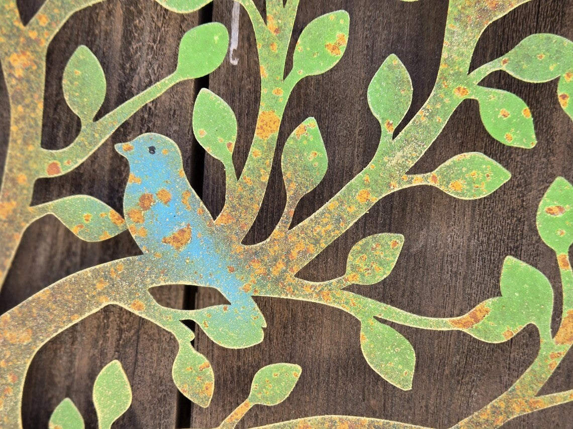 22" Rustic Tree of Life Metal Wall Art Hand-Painted Garden Decor with Blue Bird