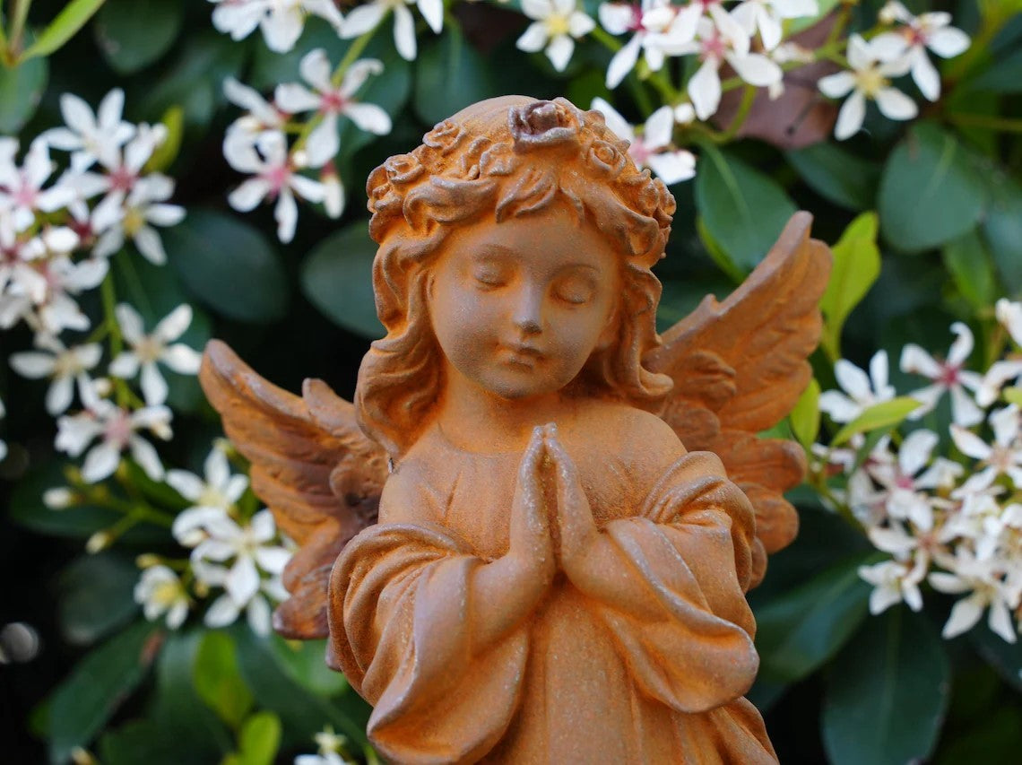 Metal Angel Praying Statue Cast Iron Garden Sculpture, Rustic Religious Decor