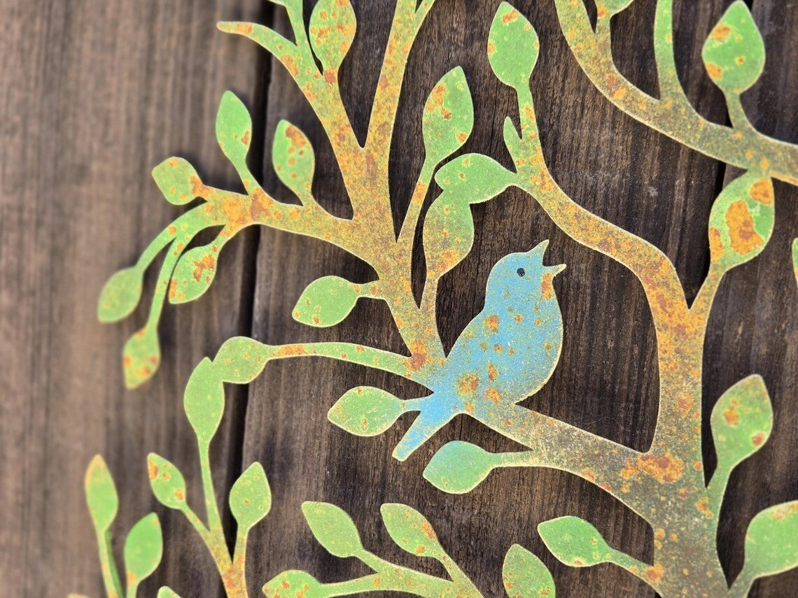 22" Rustic Tree of Life Metal Wall Art Hand-Painted Garden Decor with Blue Bird