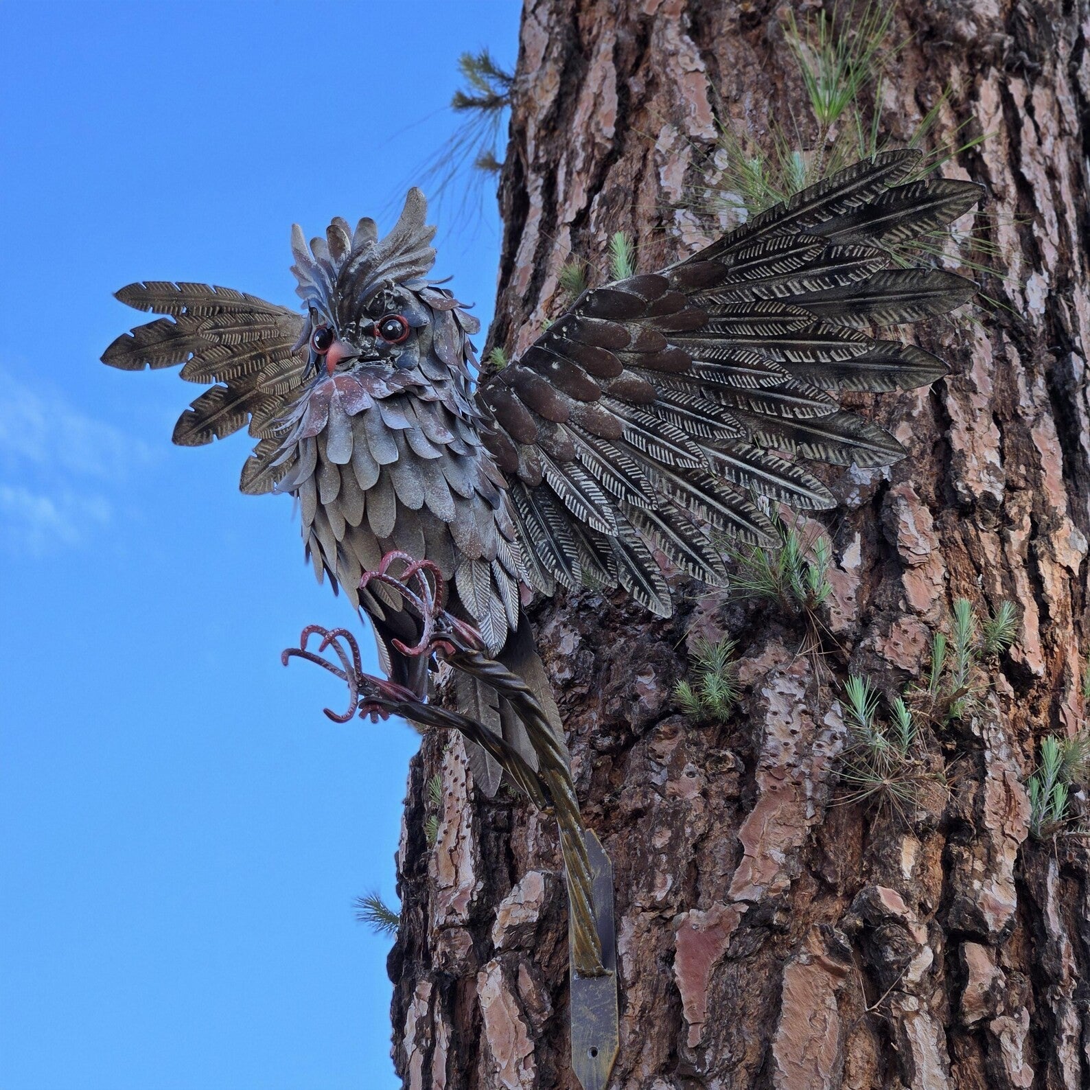 Rustic Metal Owl Sculpture Handcrafted Garden Art with Outstretched Wings Yarn
