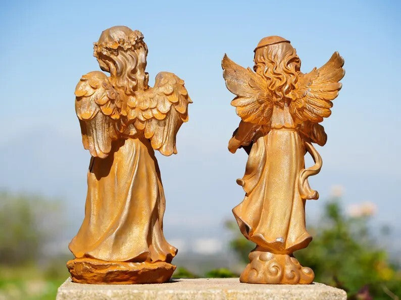 Metal Cast Iron Angel Girl Statues – Garden Angels Holding Bird & Draped Robe