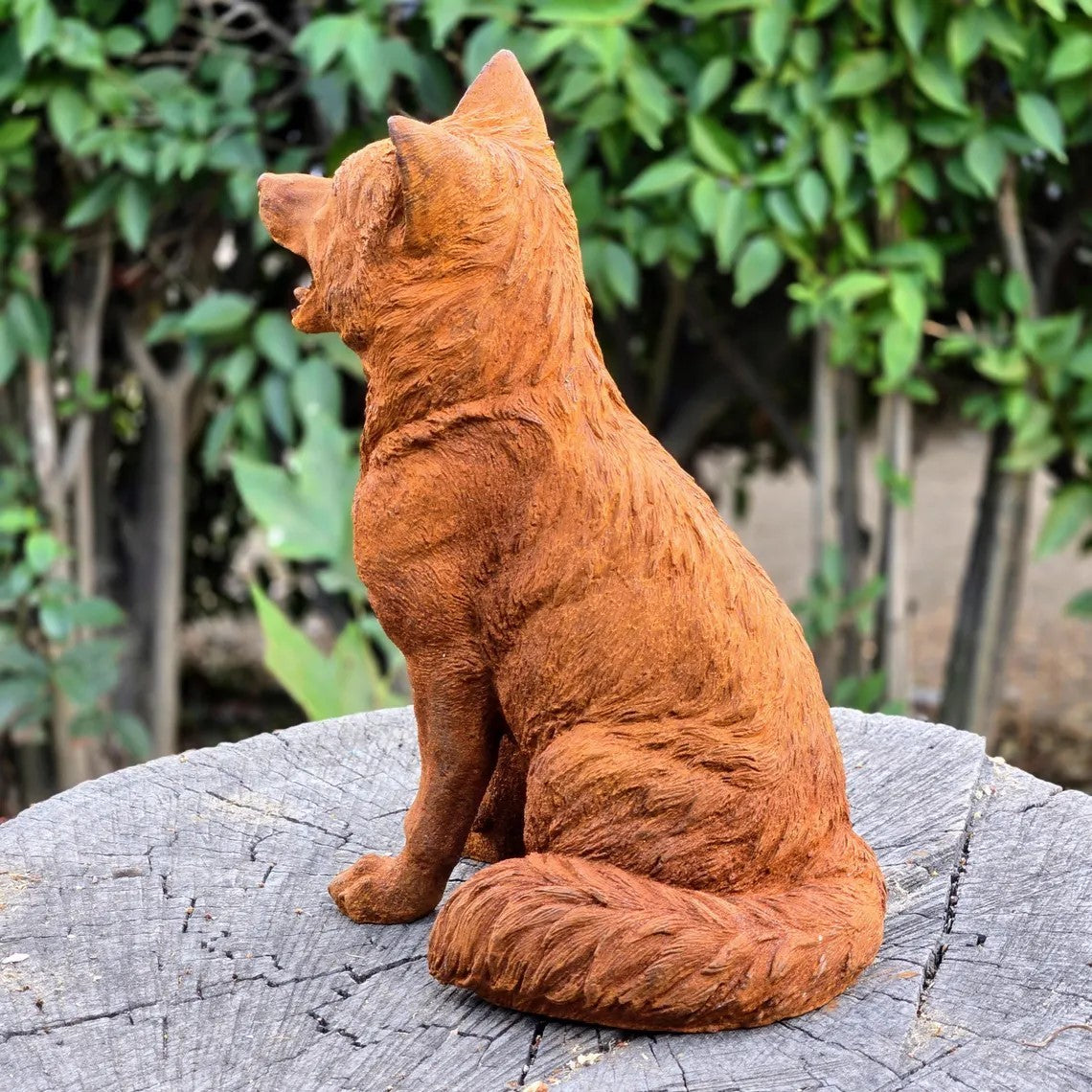Rusty Finish Cast Iron Sitting Fox Statue Handmade Garden Decor Animal Sculpture