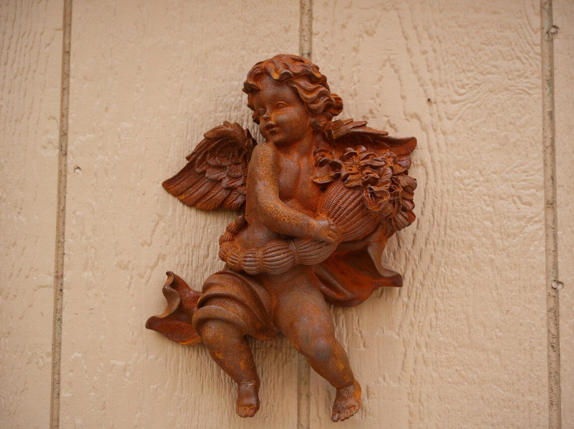 Metal Handmade Cast Iron Angel Wall Decor 12"x9" Vintage Garden Gift Sculpture