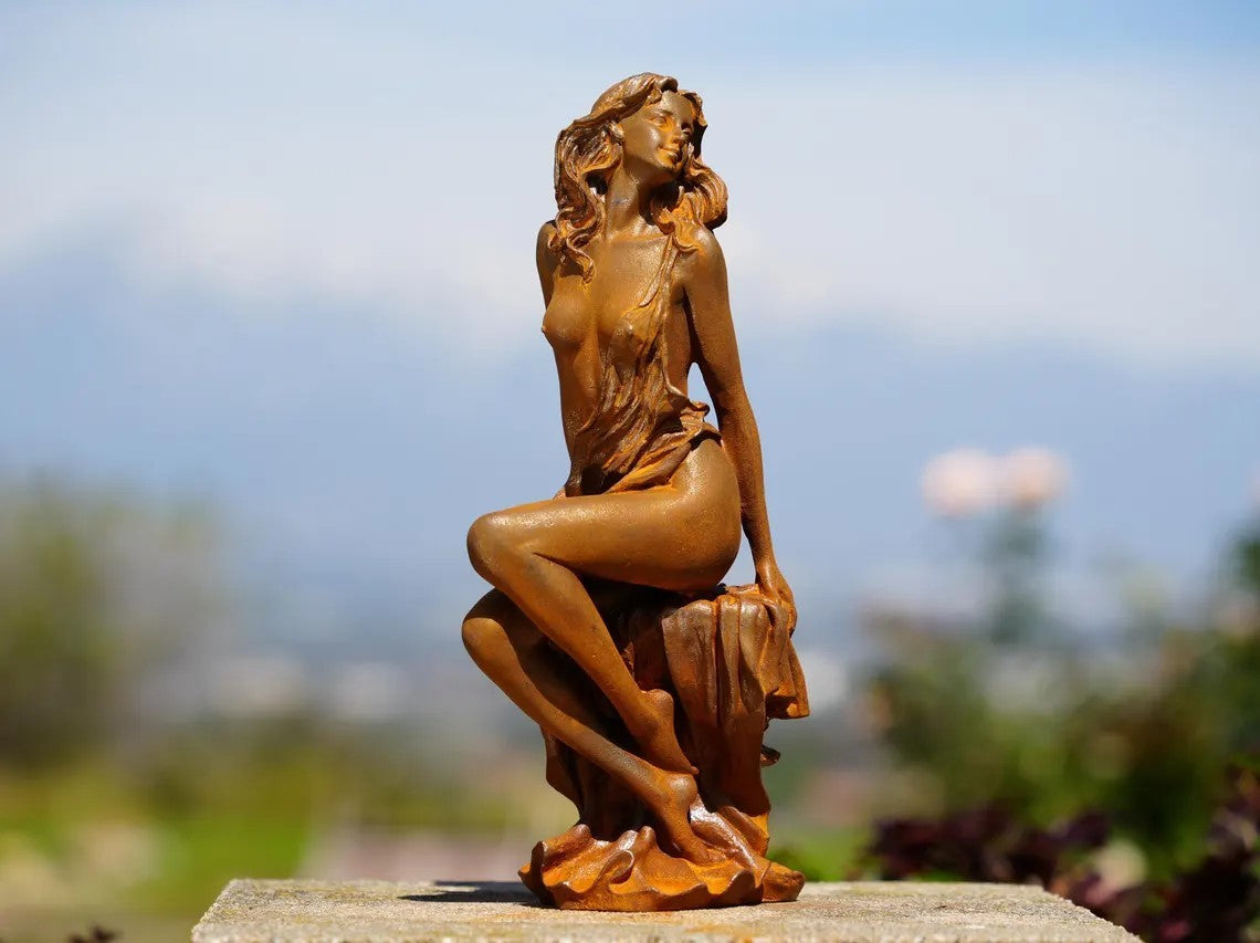 Metal Sensual Cast Iron Woman Statue | Romantic Nude Female Sculpture | Feminine