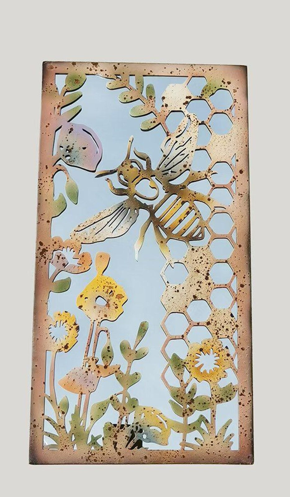 Rustic Metal Bee Wall Decor: Patina Finish, Handcrafted Iron Art Home Mirror