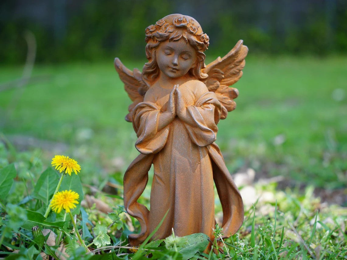 Metal Angel Praying Statue Cast Iron Garden Sculpture, Rustic Religious Decor