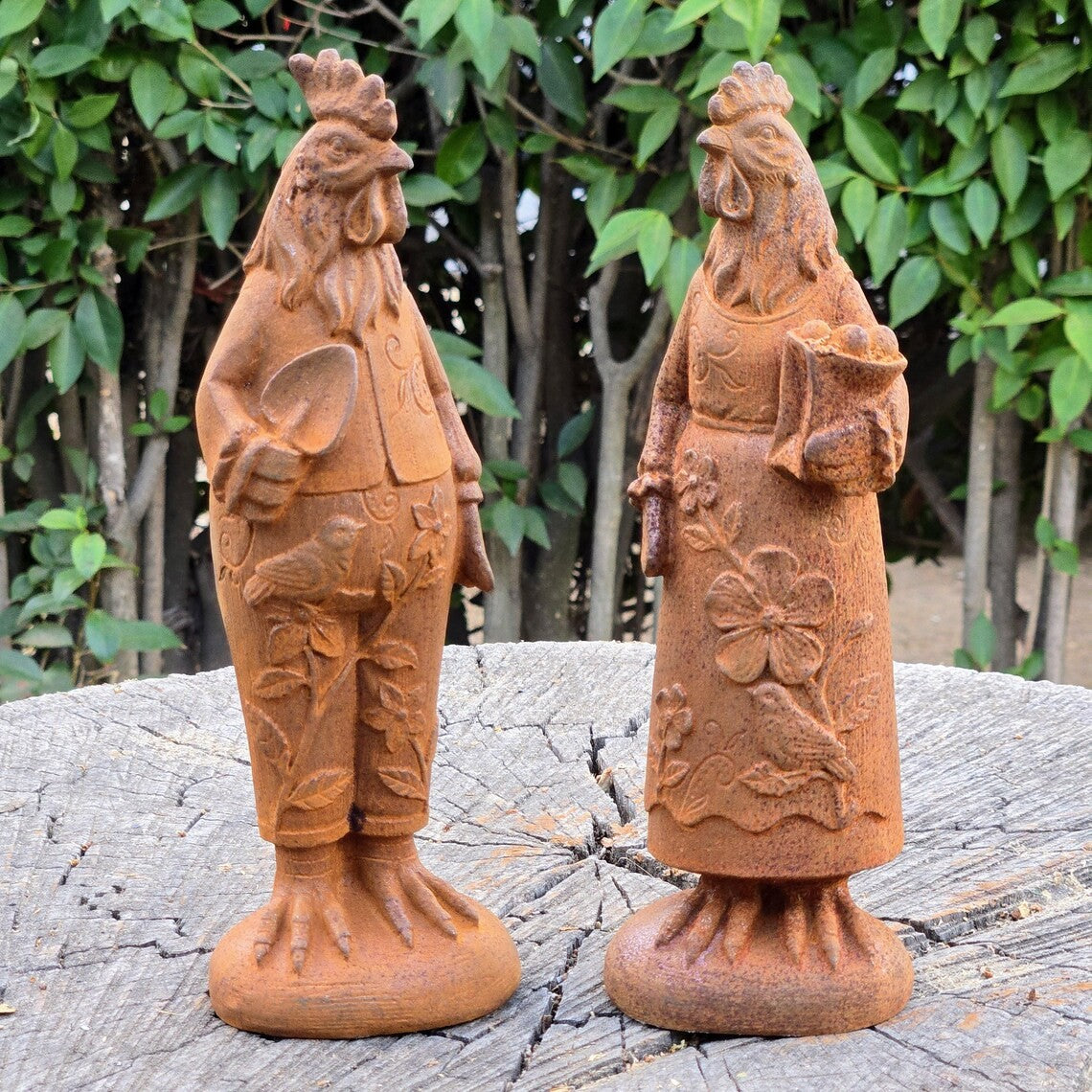 Cast Iron Rooster & Hen Couple – Rustic Farmhouse Chicken Statues