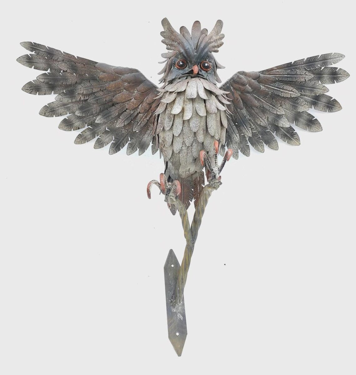 Rustic Metal Owl Sculpture Handcrafted Garden Art with Outstretched Wings Yarn