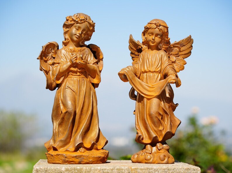 Metal Cast Iron Angel Girl Statues – Garden Angels Holding Bird & Draped Robe