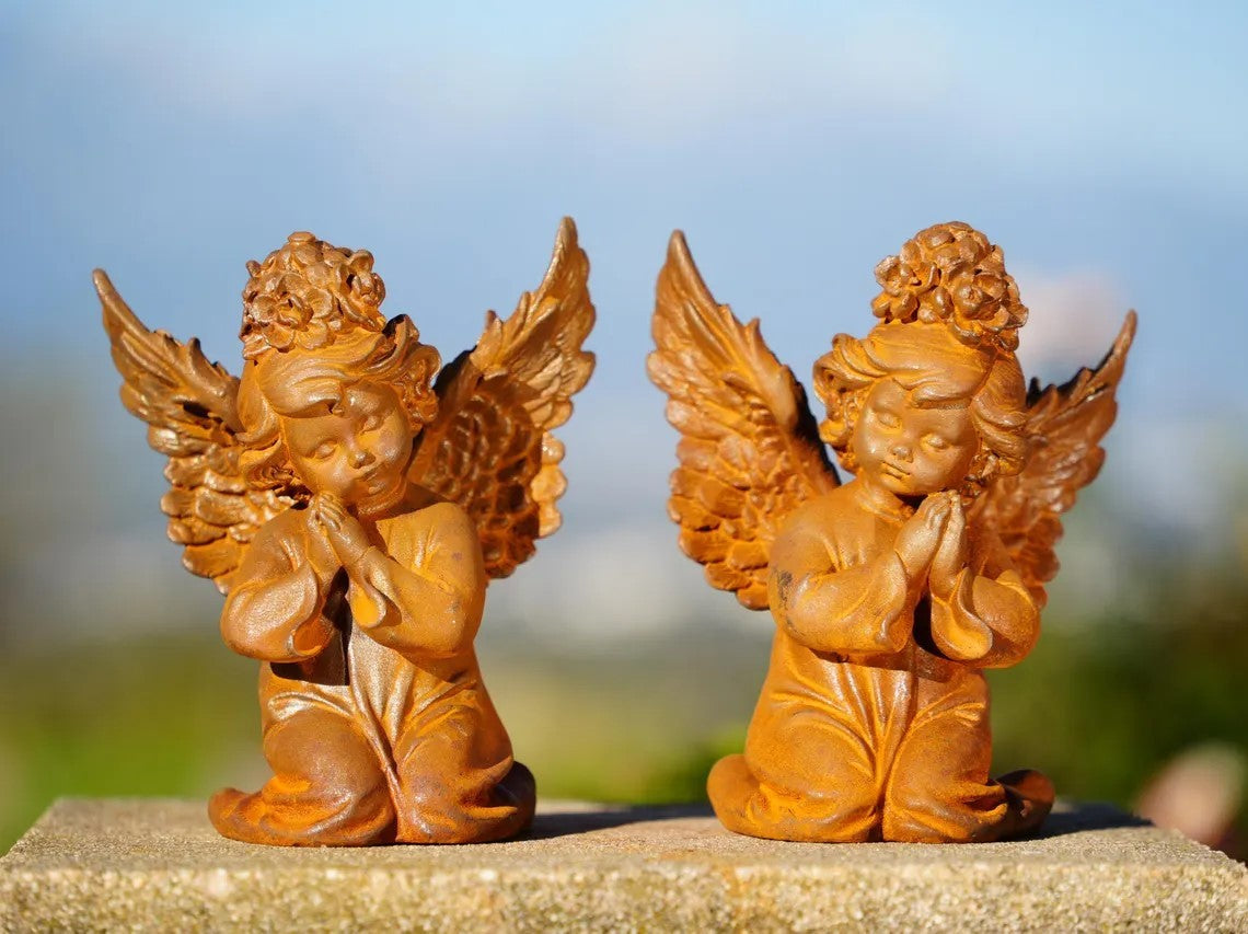 Metal Angel – Rustic Cast Iron Praying Cherub Pair, Small Kneeling Statues