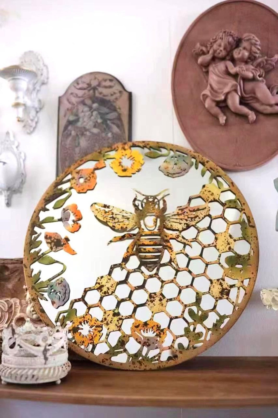 Rustic Metal Bee Wall Decor: Patina Finish, Handcrafted Iron Art Home Mirror