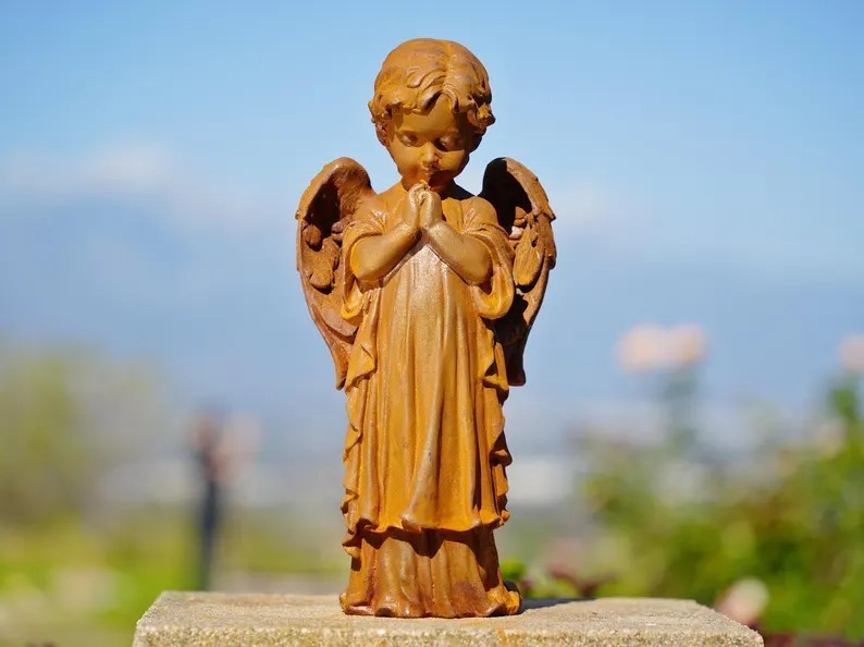 Metal Cast Iron Praying Angel Statue Rustic Religious Decor Spiritual Gift Idea