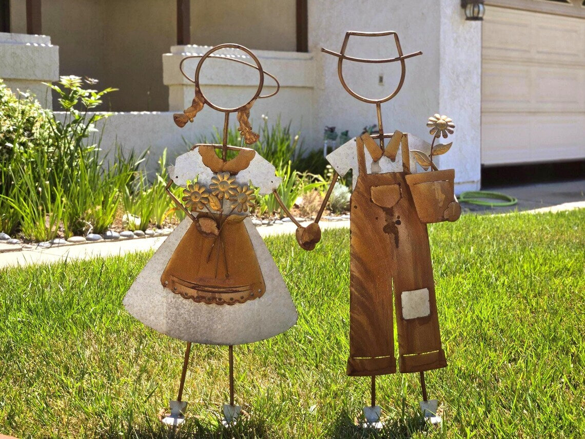 39" Rustic Metal Boy and Girl Garden Statues – Handcrafted Vintage Yard Decor