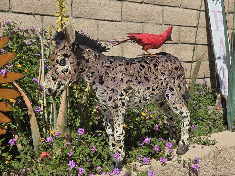 Cute Metal Donkey Statue Filigree Style Large Art Sculpture Rustic Lawn Animal
