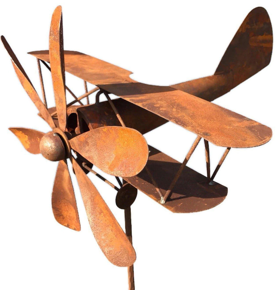 Rusty Metal Biplane Wind Spinner – Vintage Airplane Garden Art Sculpture