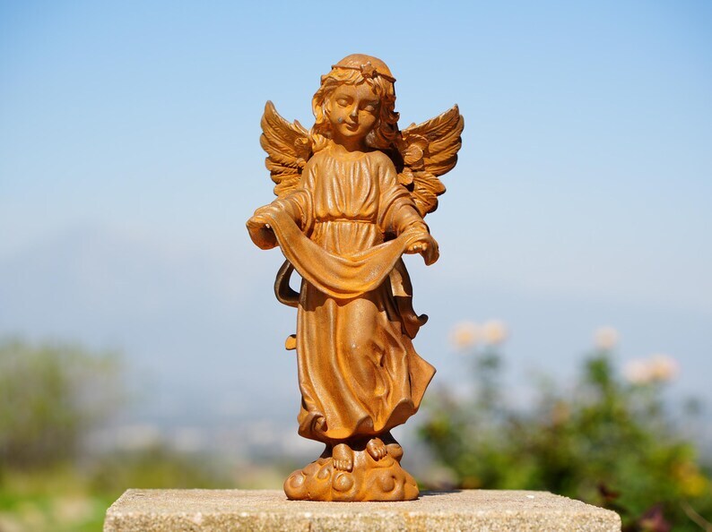 Metal Cast Iron Angel Girl Statues – Garden Angels Holding Bird & Draped Robe