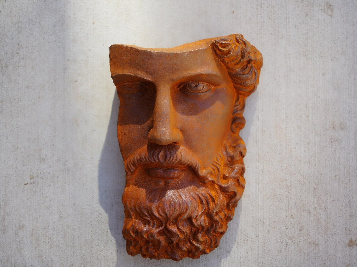 Metal Rustic Bearded Male Face Wall Sculpture Ancient Roman Cast Iron Art