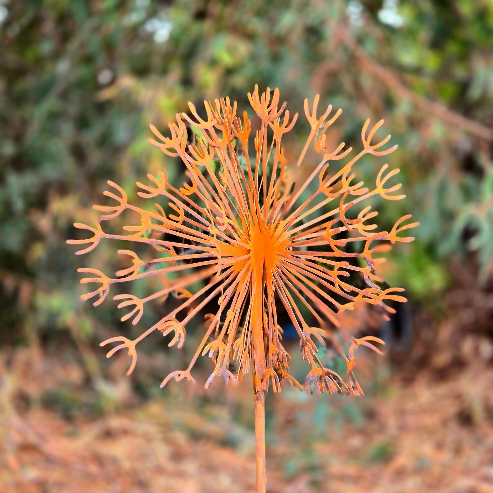 Set of 4 Rusty Metal Dandelion Garden Stake 3D Hand-Welded Design
