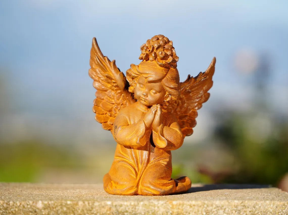 Metal Angel – Rustic Cast Iron Praying Cherub Pair, Small Kneeling Statues