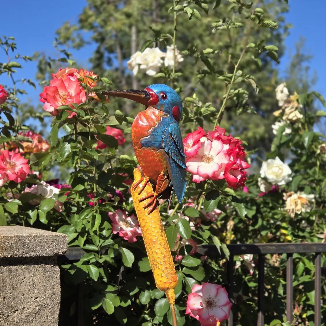 Handcrafted Metal Kingfisher Garden Sculpture 41" Tall Bird on Cattail Artist