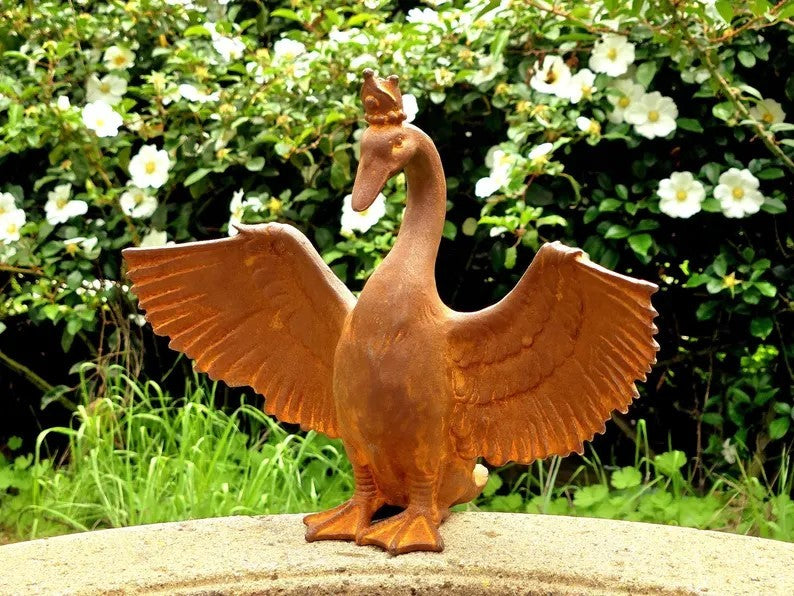 Metal Crowned Goose Cast Iron Sculpture Spreading Wings Garden Statue Whimsical